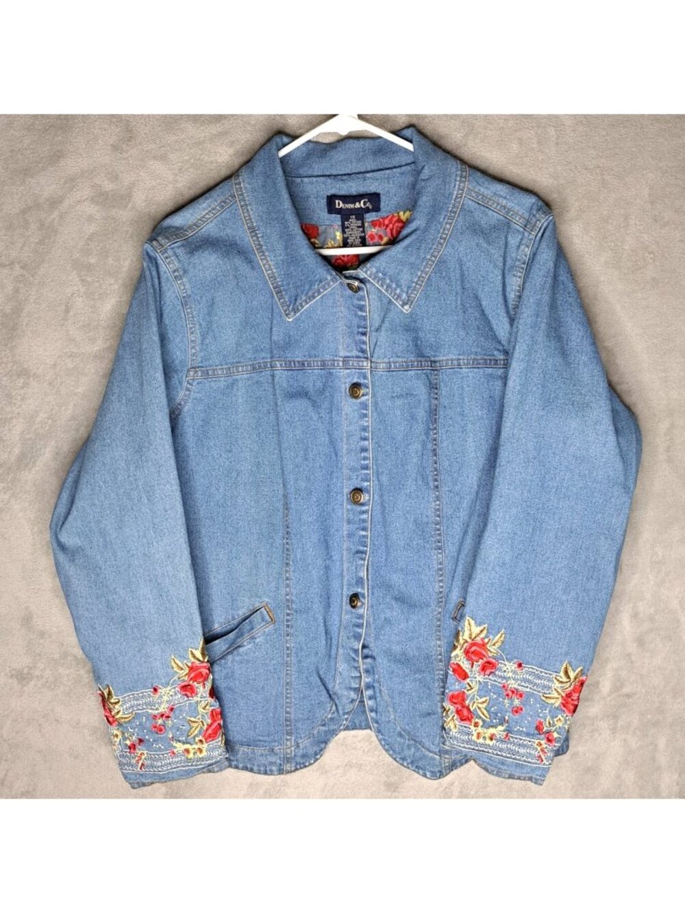 Denim & Co 1X Embroidered Denim Jacket Blue Button Front Floral Cuffs Casual